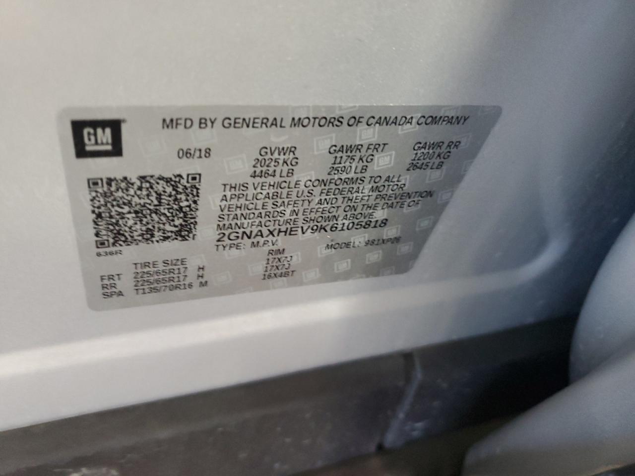 2019 Chevrolet Equinox Ls VIN: 2GNAXHEV9K6105818 Lot: 84885265