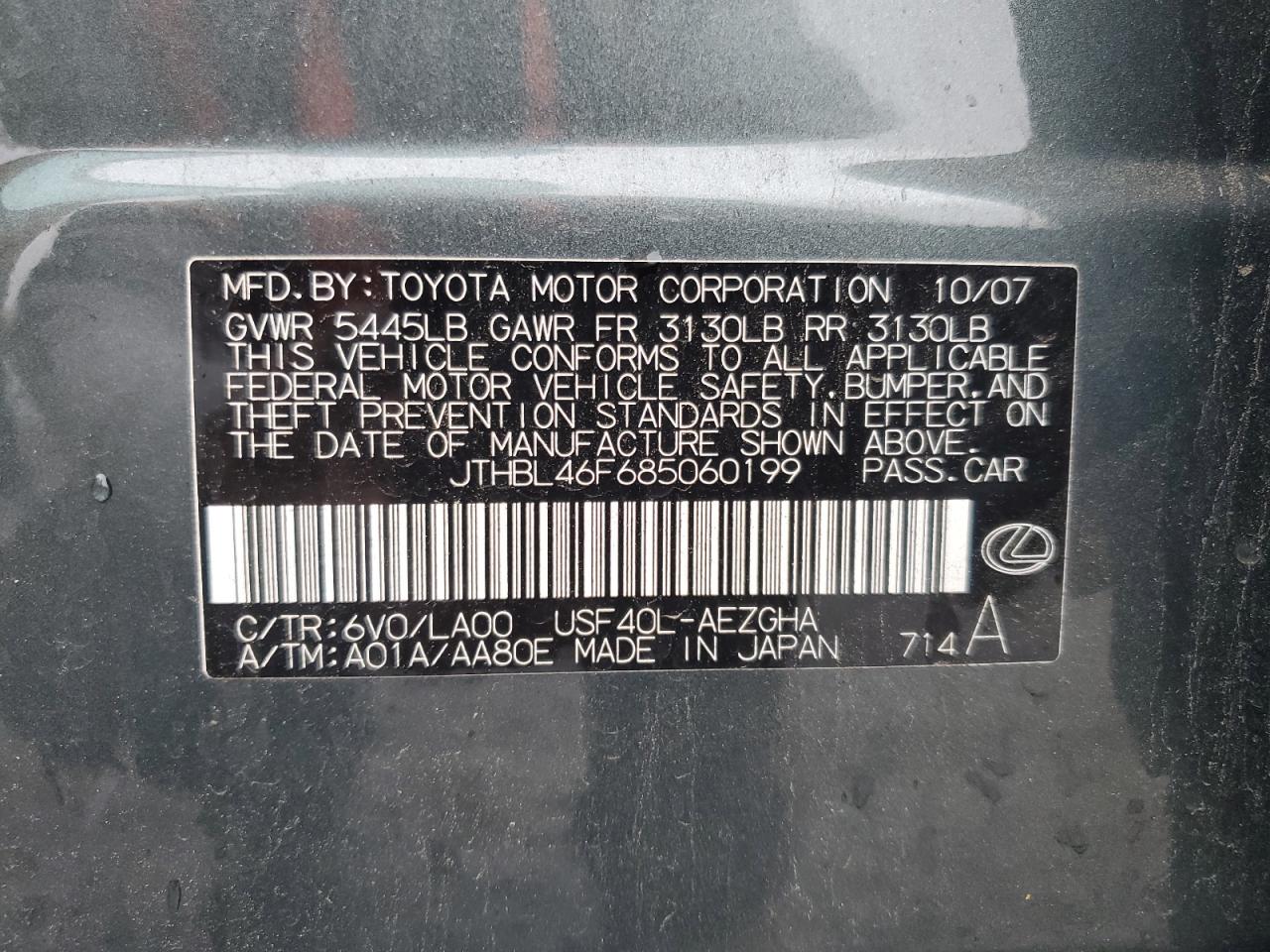 2008 Lexus Ls 460 VIN: JTHBL46F685060199 Lot: 82270975