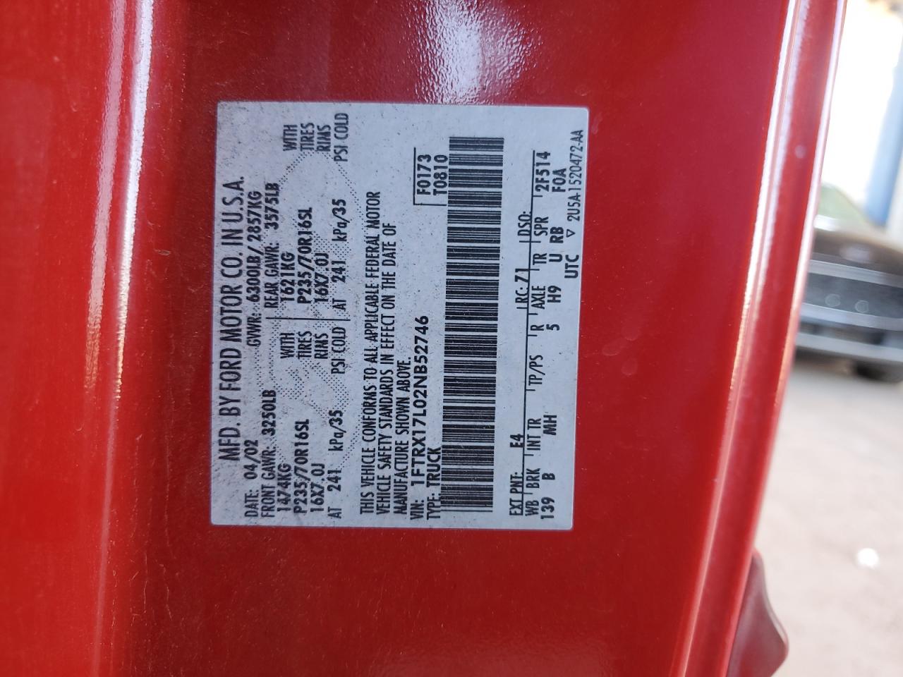 2002 Ford F150 VIN: 1FTRX17L02NB52746 Lot: 82735265