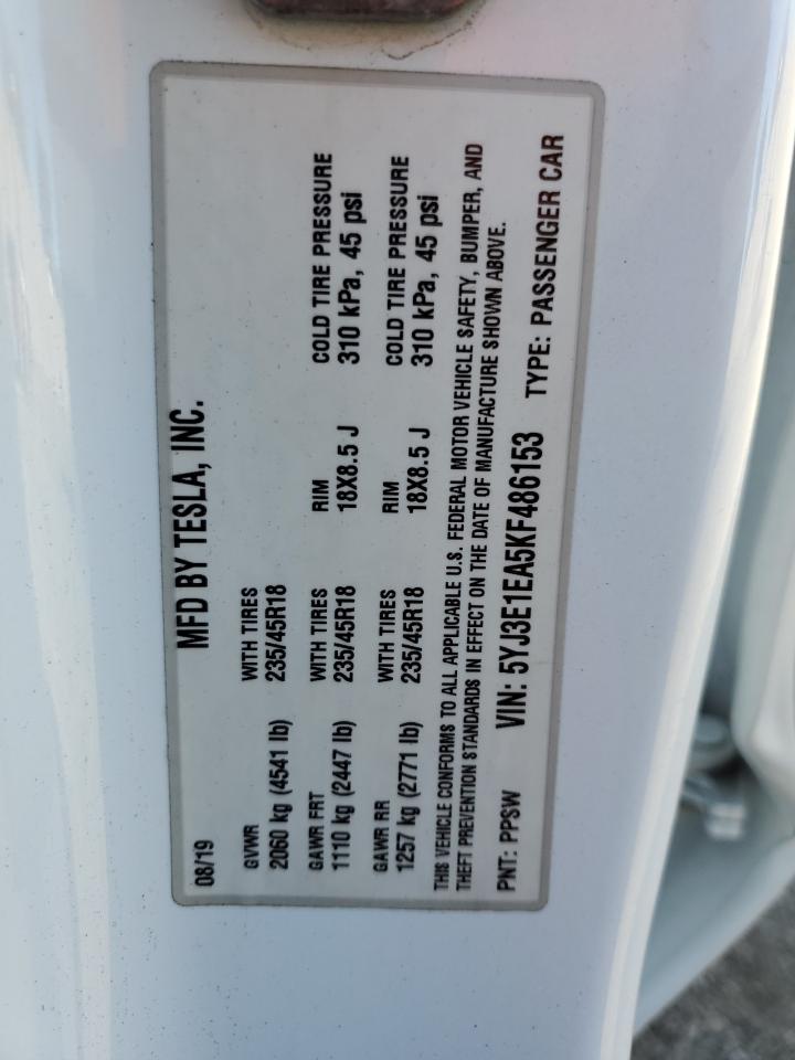 2019 Tesla Model 3 VIN: 5YJ3E1EA5KF486153 Lot: 85868025