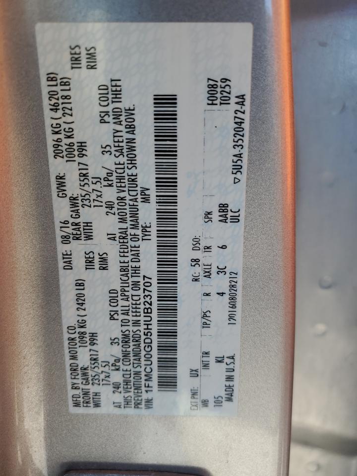 2017 Ford Escape Se VIN: 1FMCU0GD5HUB23707 Lot: 89873565