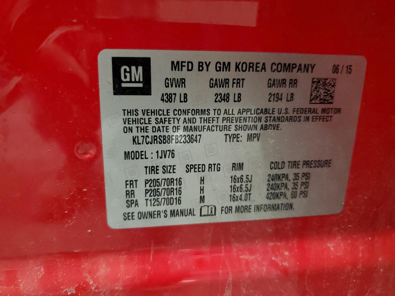 2015 Chevrolet Trax 1Lt VIN: KL7CJRSB8FB233647 Lot: 82001235