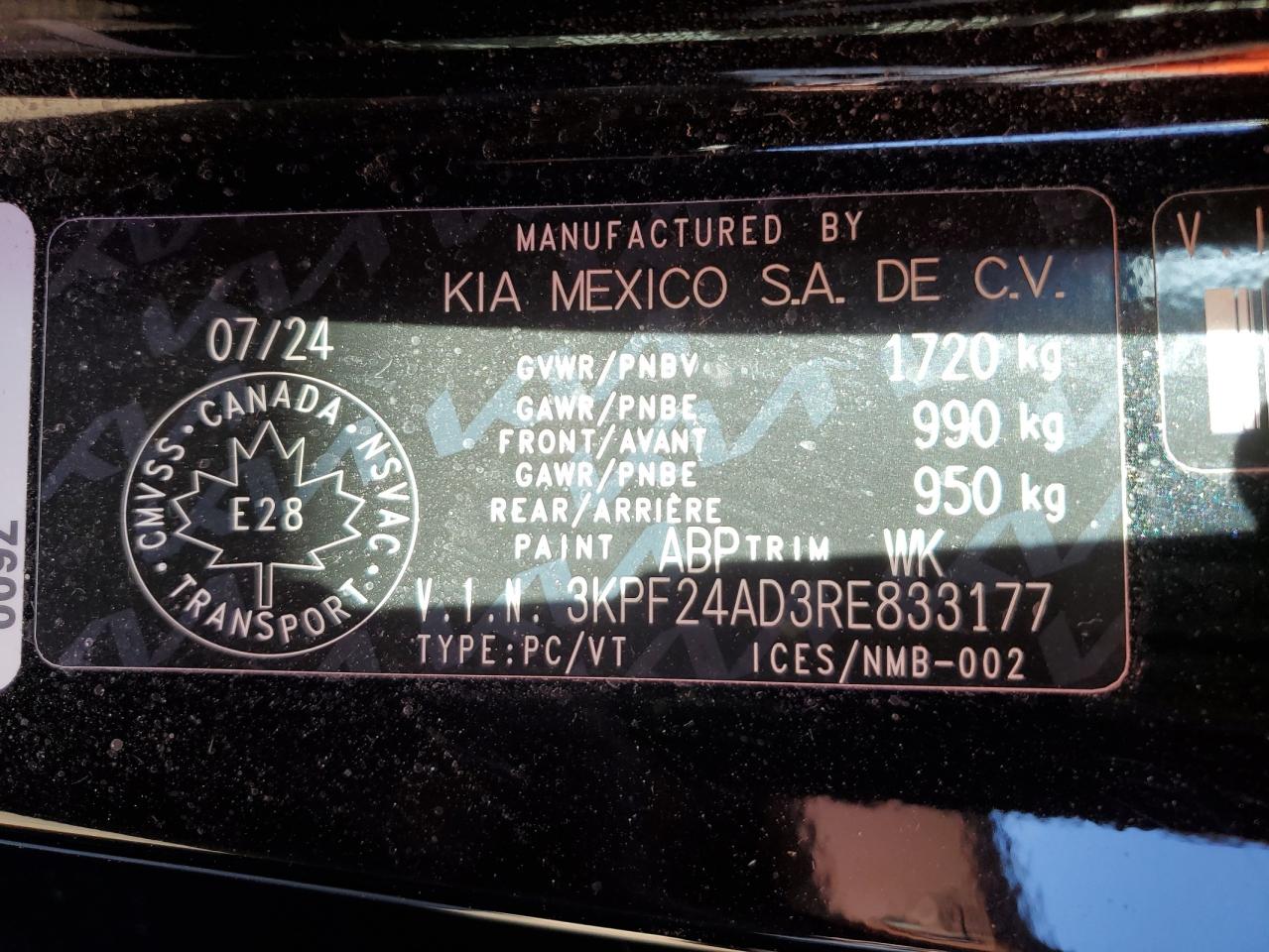2024 Kia Forte Lx VIN: 3KPF24AD3RE833177 Lot: 85861935