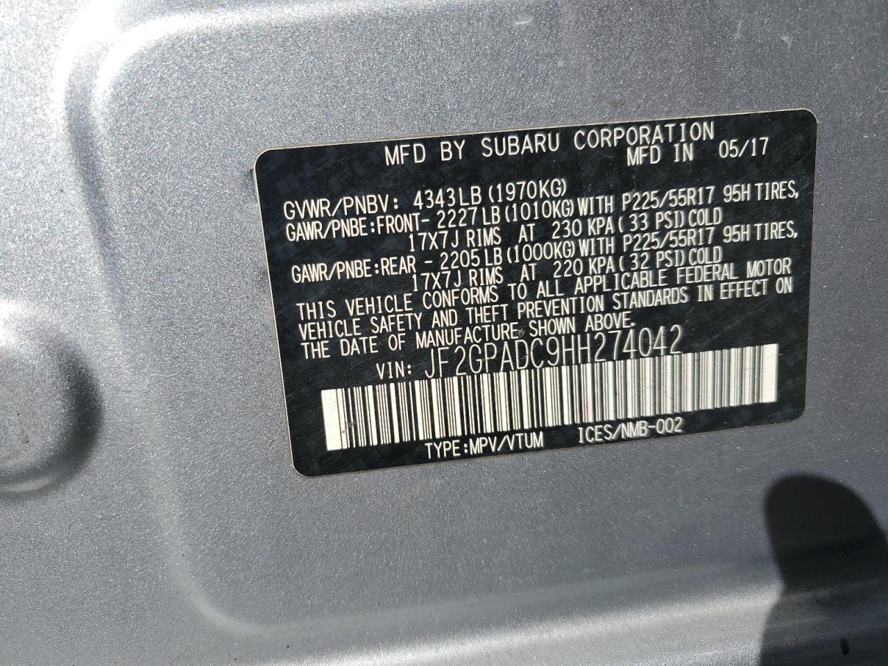 2017 Subaru Crosstrek Premium VIN: JF2GPADC9HH274042 Lot: 86594225
