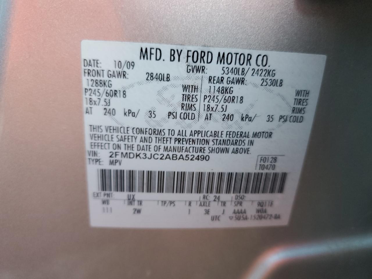 2010 Ford Edge Sel VIN: 2FMDK3JC2ABA52490 Lot: 83875915