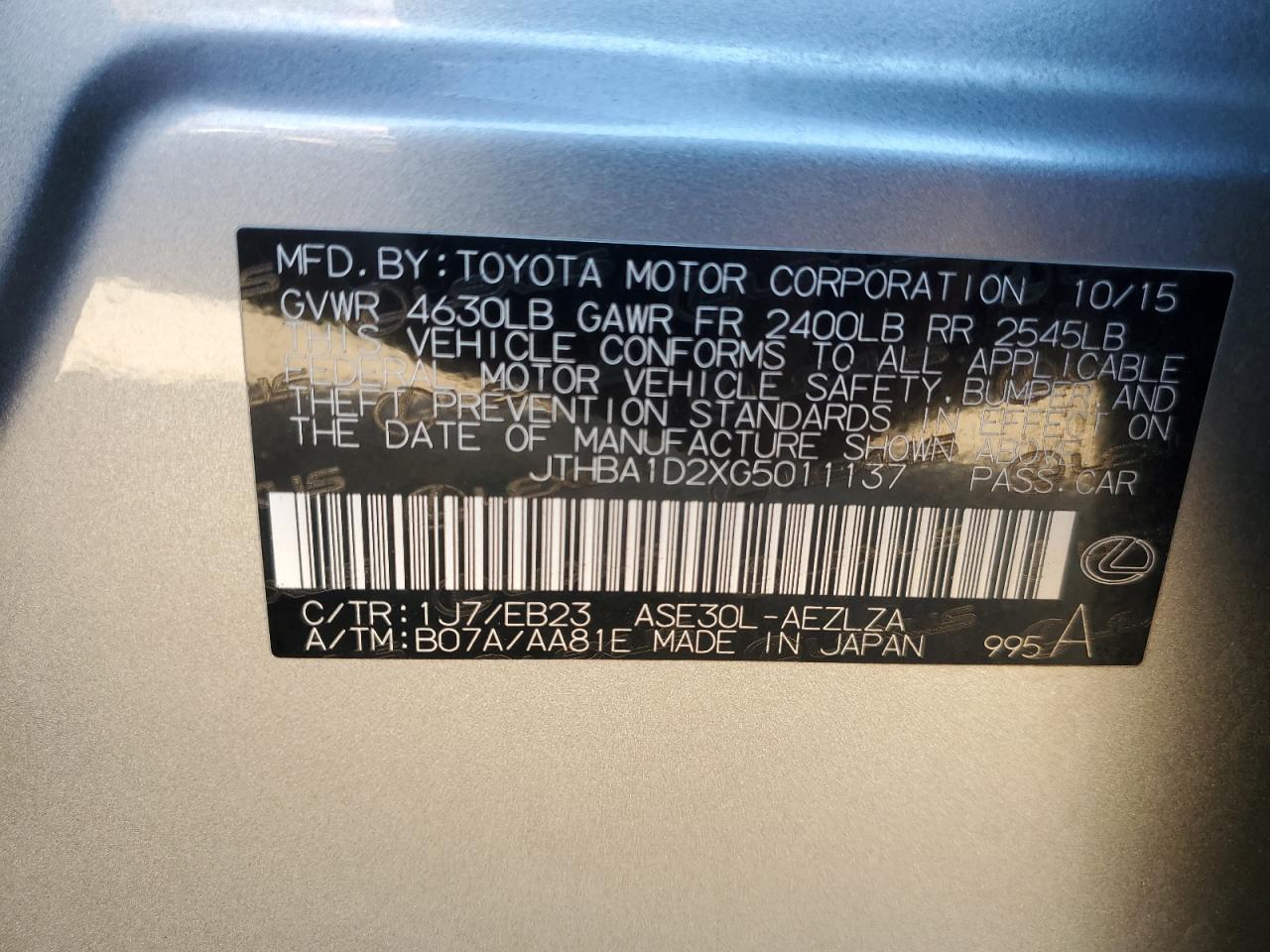 2016 Lexus Is 200T VIN: JTHBA1D2XG5011137 Lot: 85151975