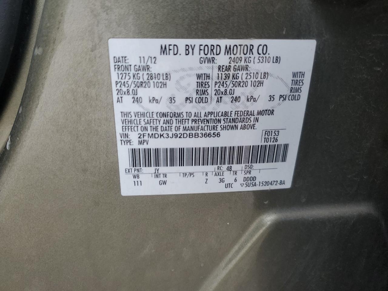 2013 Ford Edge Sel VIN: 2FMDK3J92DBB36656 Lot: 86069935