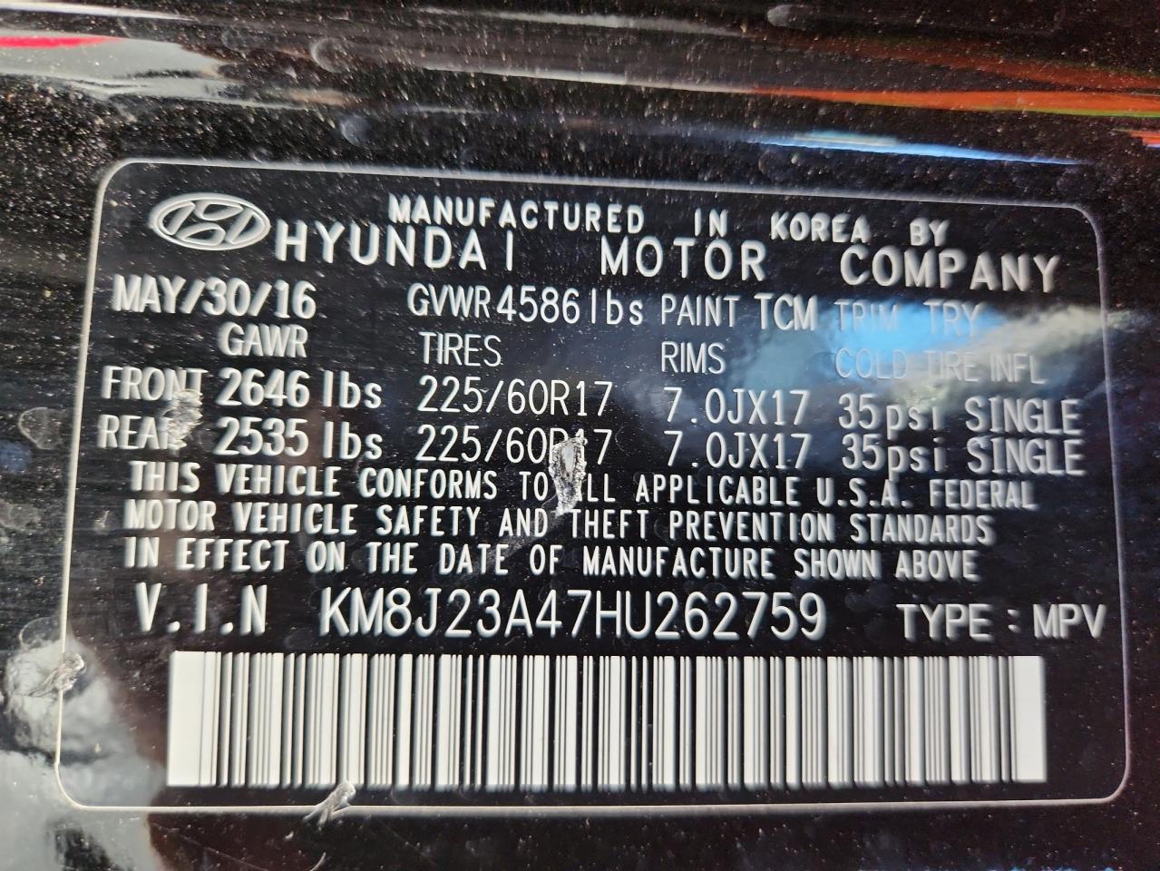 2017 Hyundai Tucson Se VIN: KM8J23A47HU262759 Lot: 82236315