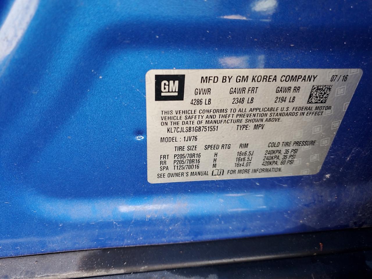 2016 Chevrolet Trax 1Lt VIN: KL7CJLSB1GB751551 Lot: 90834705