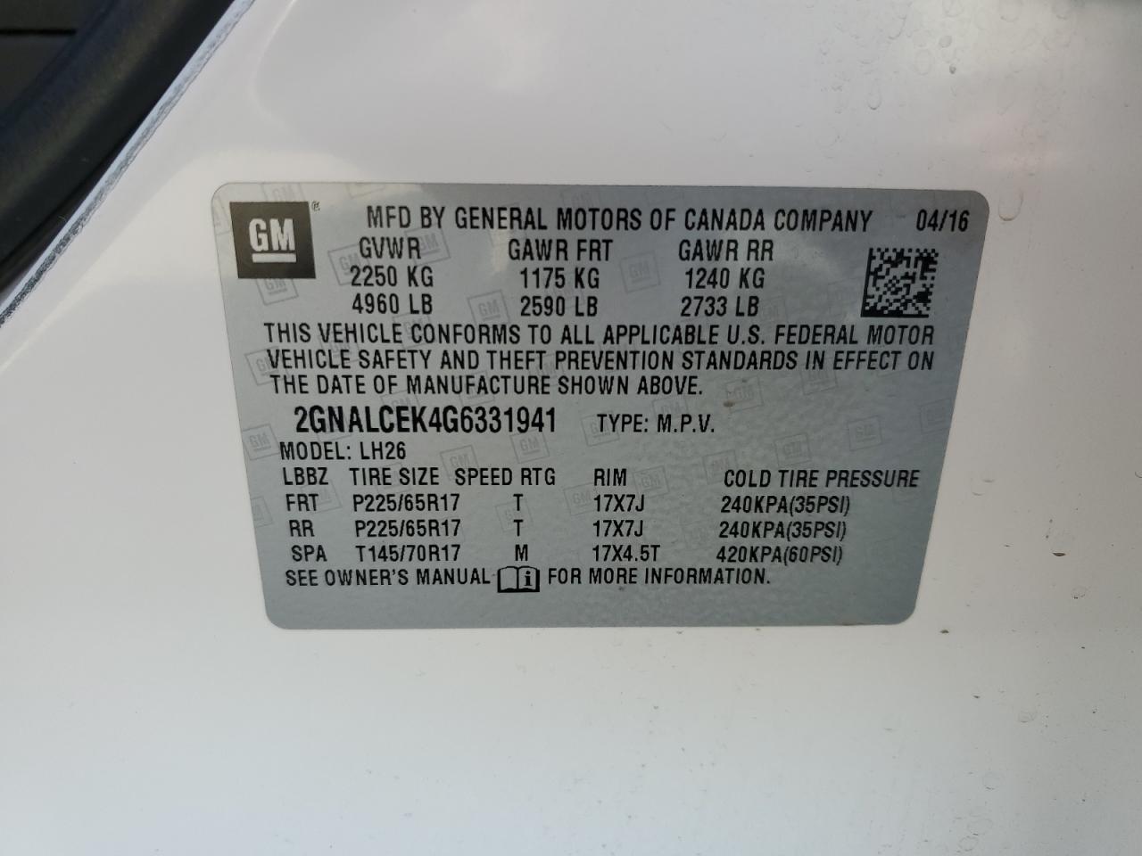 2016 Chevrolet Equinox Lt VIN: 2GNALCEK4G6331941 Lot: 86324995