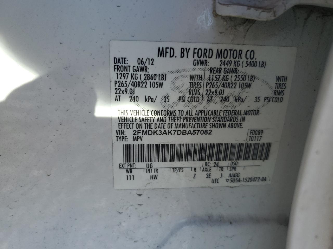 2013 Ford Edge Sport VIN: 2FMDK3AK7DBA57082 Lot: 90445535