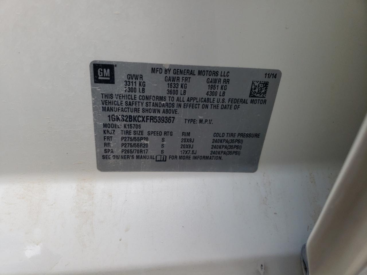 2015 GMC Yukon Slt VIN: 1GKS2BKCXFR539367 Lot: 90035755