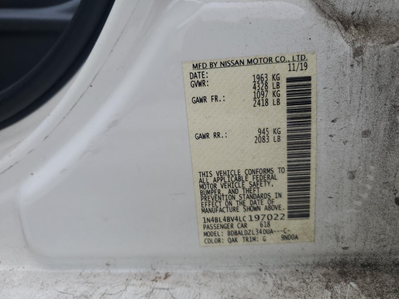 2020 Nissan Altima S VIN: 1N4BL4BV4LC197022 Lot: 82291655