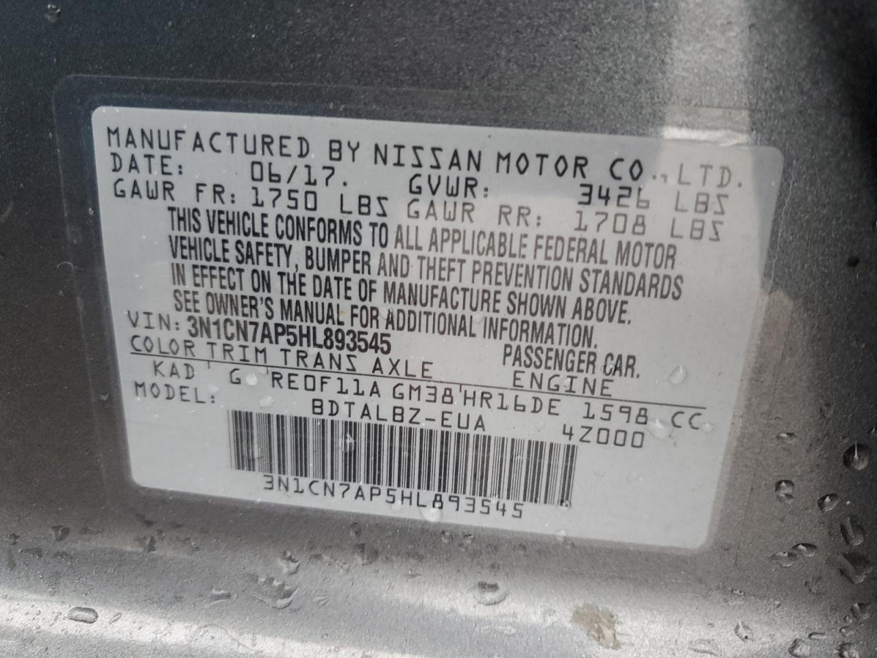 2017 Nissan Versa S VIN: 3N1CN7AP5HL893545 Lot: 82427365