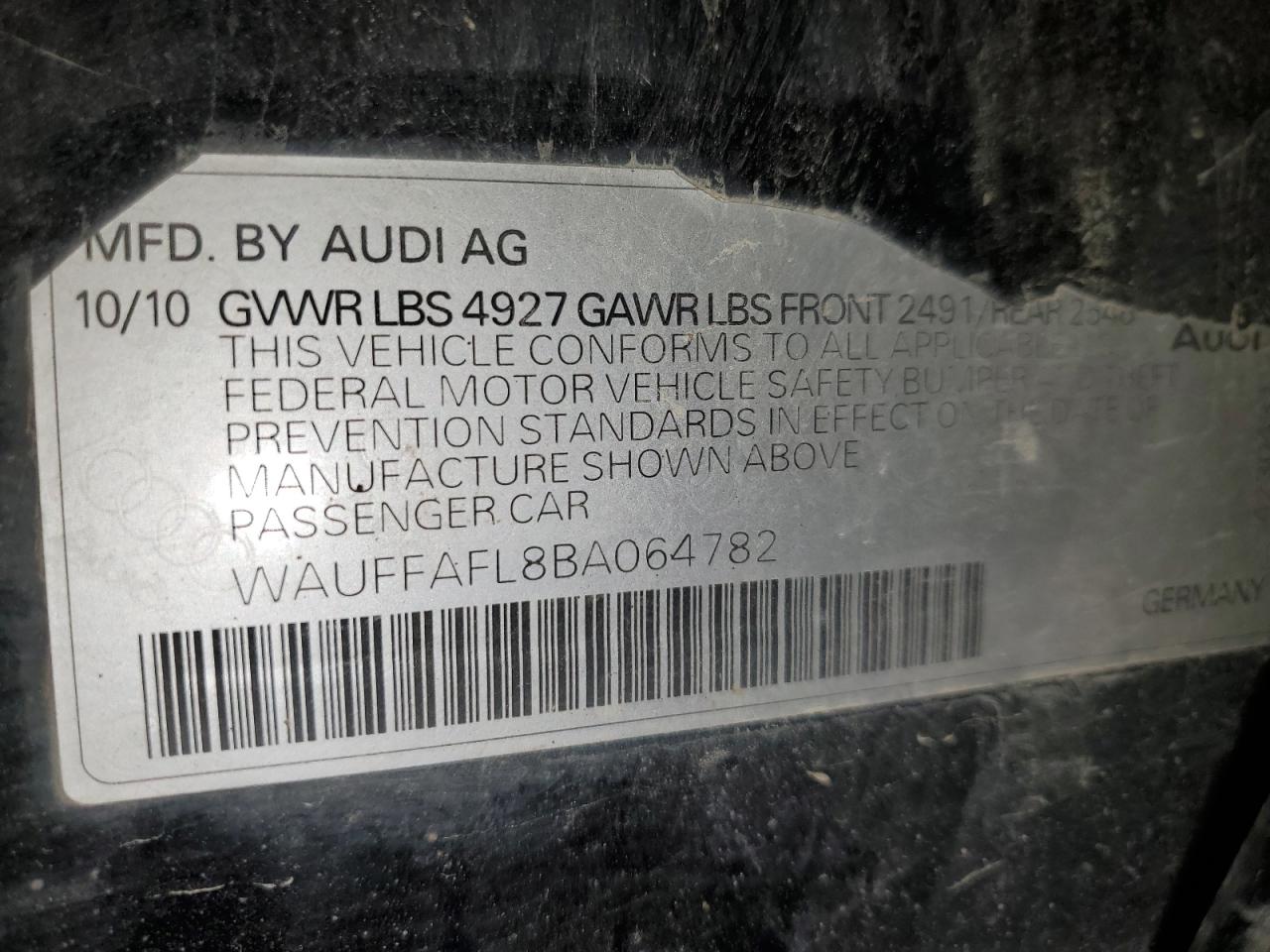 2011 Audi A4 Premium Plus VIN: WAUFFAFL8BA064782 Lot: 87113945
