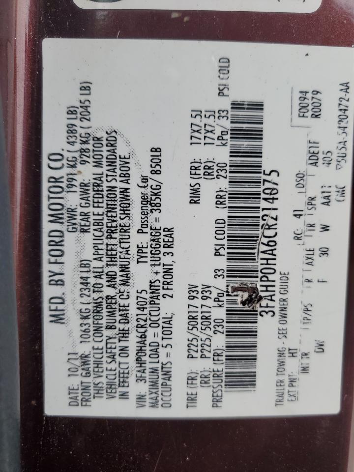 2012 Ford Fusion Se VIN: 3FAHP0HA6CR214075 Lot: 89929795