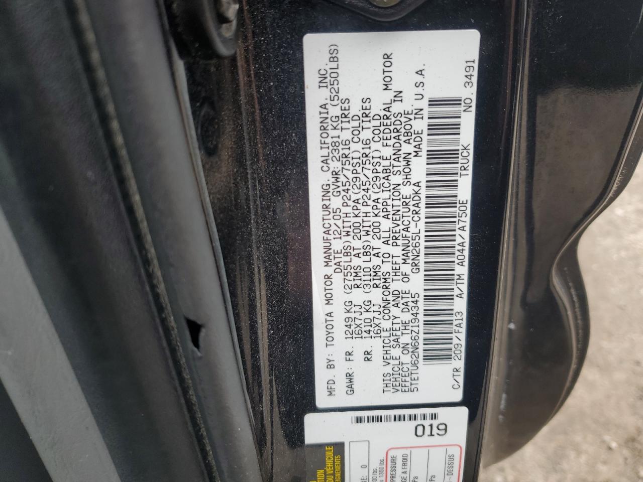 2006 Toyota Tacoma Prerunner Access Cab VIN: 5TETU62N66Z194345 Lot: 90062465