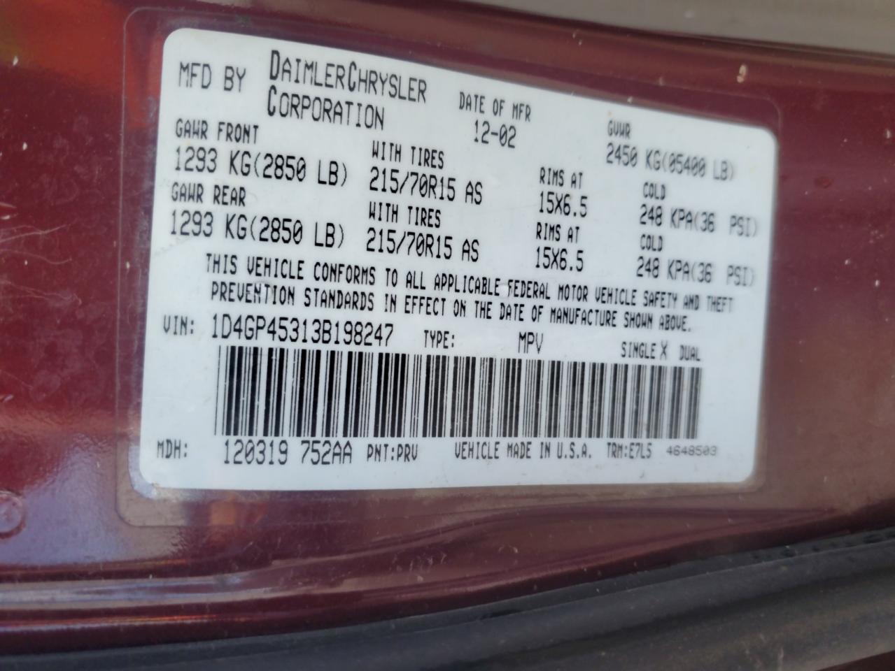 2003 Dodge Caravan Sport VIN: 1D4GP45313B198247 Lot: 89493135