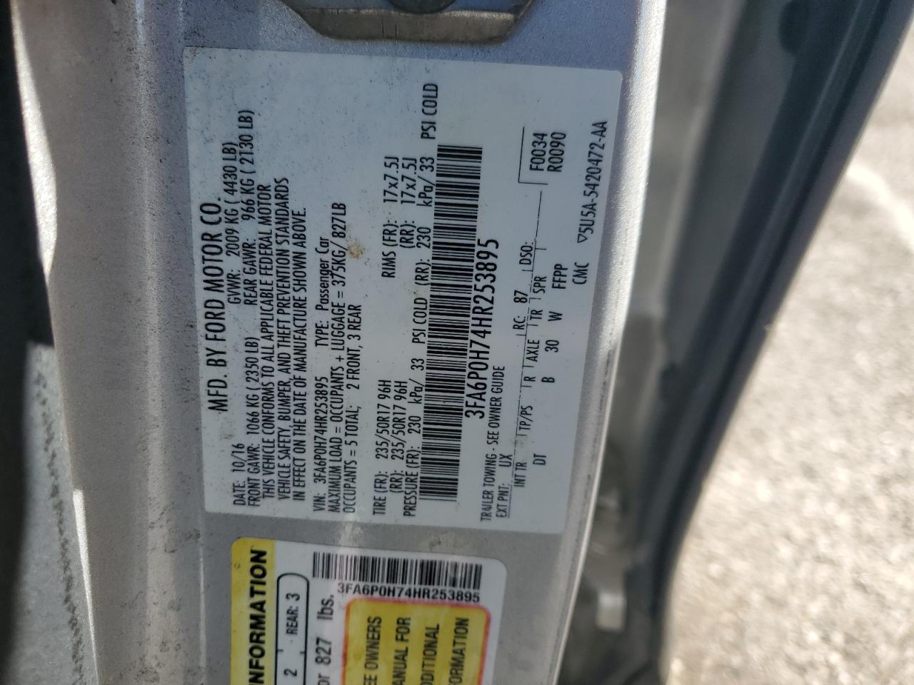 2017 Ford Fusion Se VIN: 3FA6P0H74HR253895 Lot: 82398935