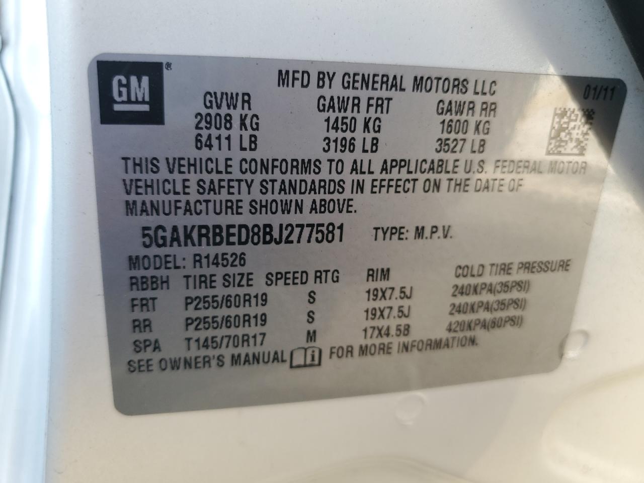 2011 Buick Enclave Cxl VIN: 5GAKRBED8BJ277581 Lot: 82301305