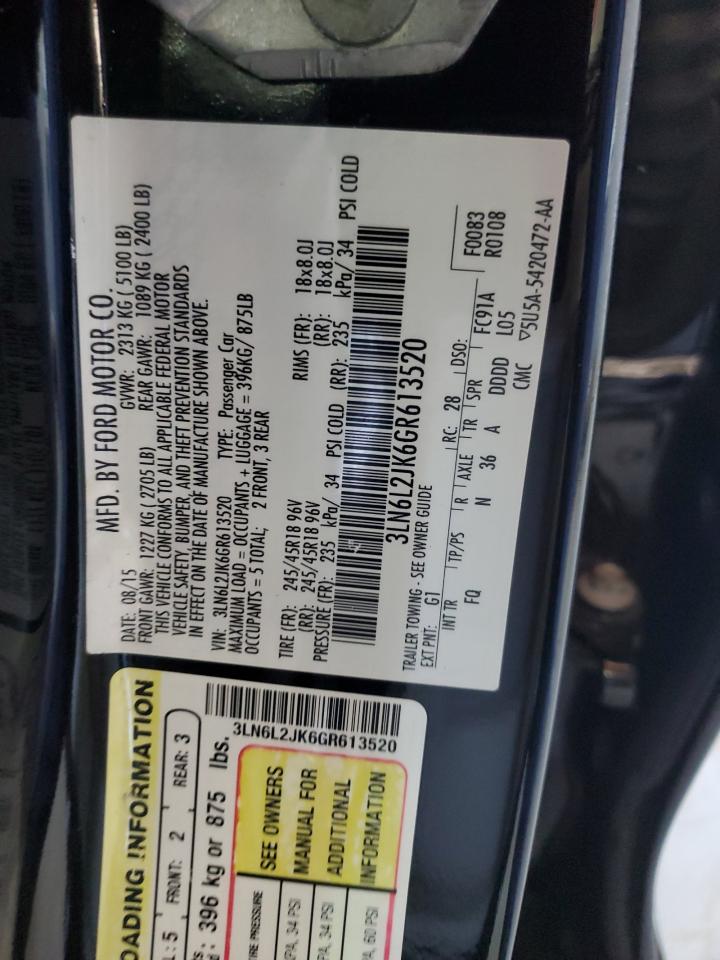 2016 Lincoln Mkz VIN: 3LN6L2JK6GR613520 Lot: 82186825