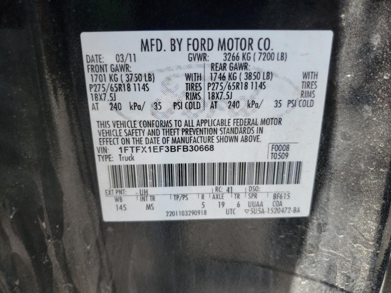 2011 Ford F150 Super Cab VIN: 1FTFX1EF3BFB30668 Lot: 85908745