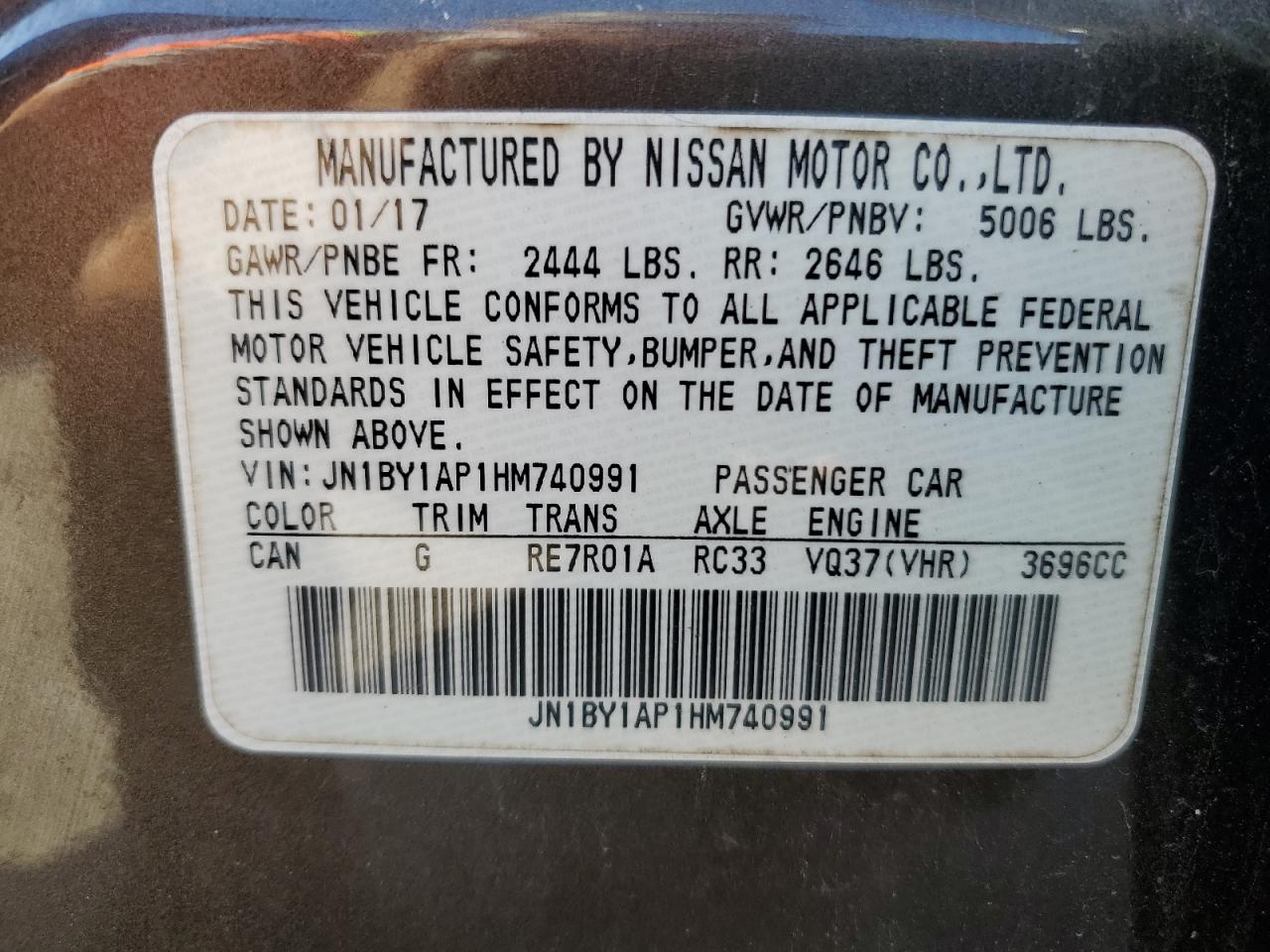 2017 Infiniti Q70 3.7 VIN: JN1BY1AP1HM740991 Lot: 84797315