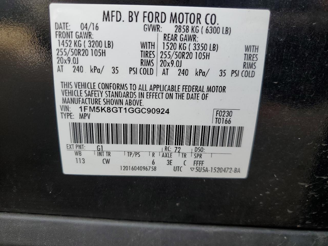 2016 Ford Explorer Sport VIN: 1FM5K8GT1GGC90924 Lot: 86647345