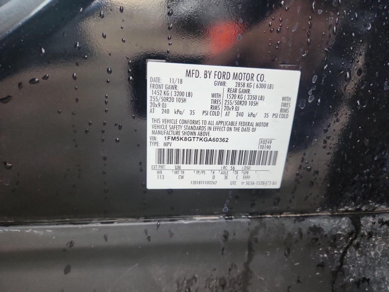 2019 Ford Explorer Sport VIN: 1FM5K8GT7KGA60362 Lot: 85518605