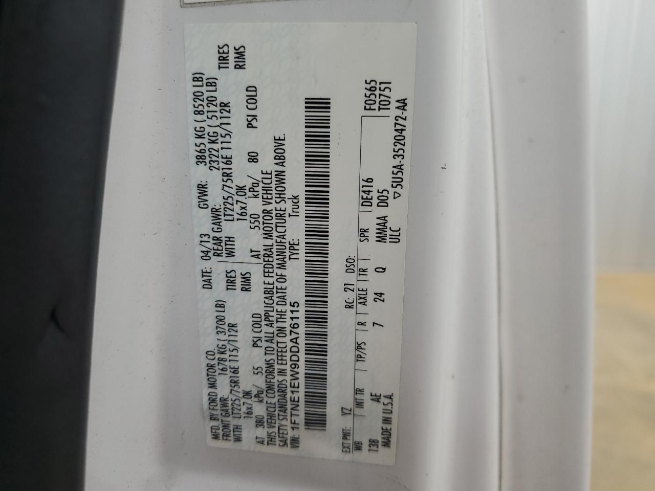 2013 Ford Econoline E150 Van VIN: 1FTNE1EW9DDA76115 Lot: 90100765