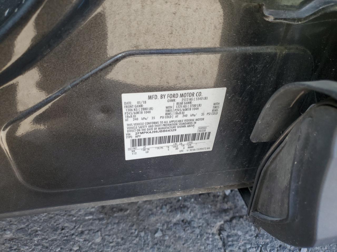 2018 Ford Edge Sel VIN: 2FMPK4J98JBB64329 Lot: 84907075