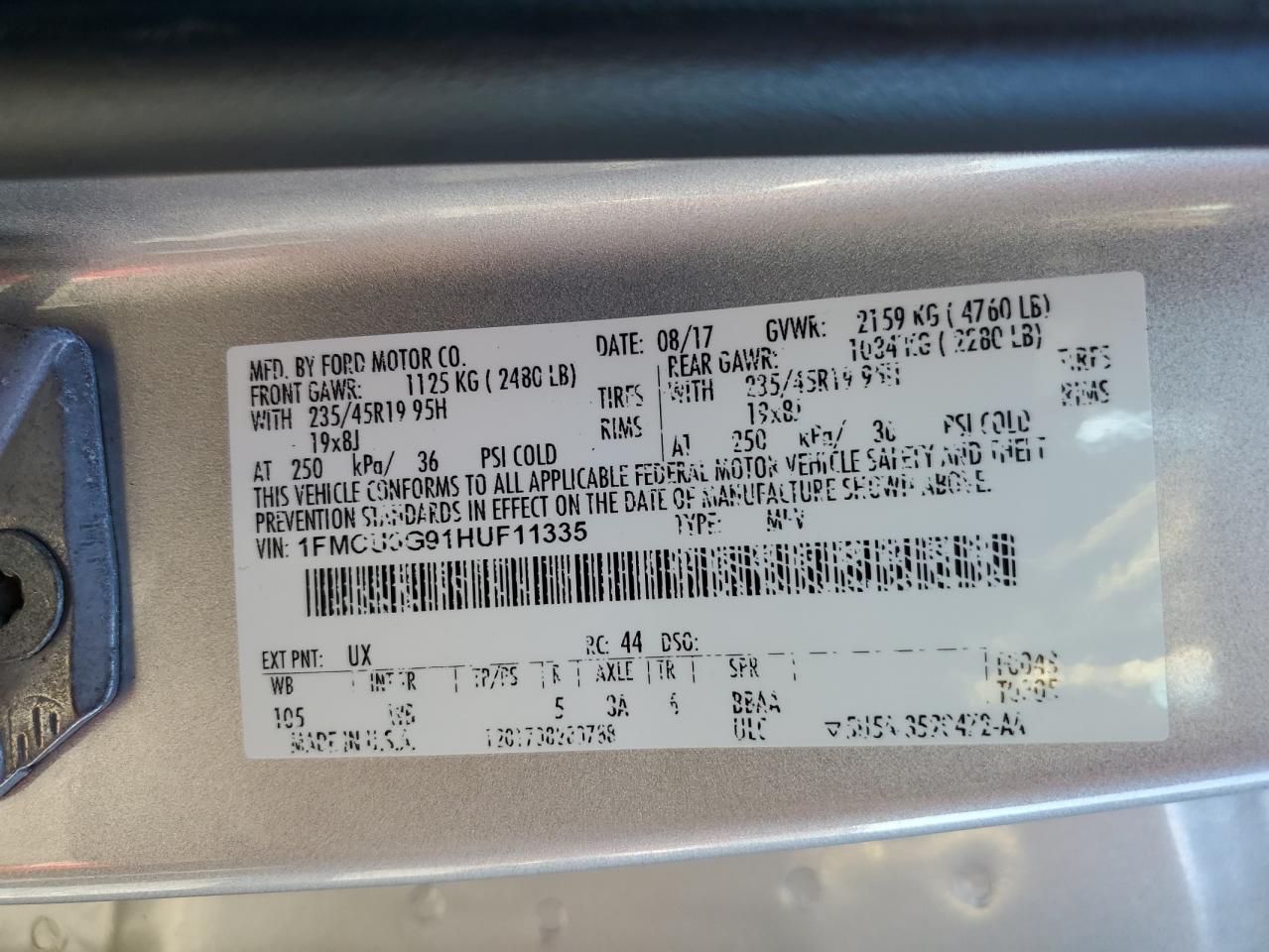 2017 Ford Escape Se VIN: 1FMCU0G91HUF11335 Lot: 85944025