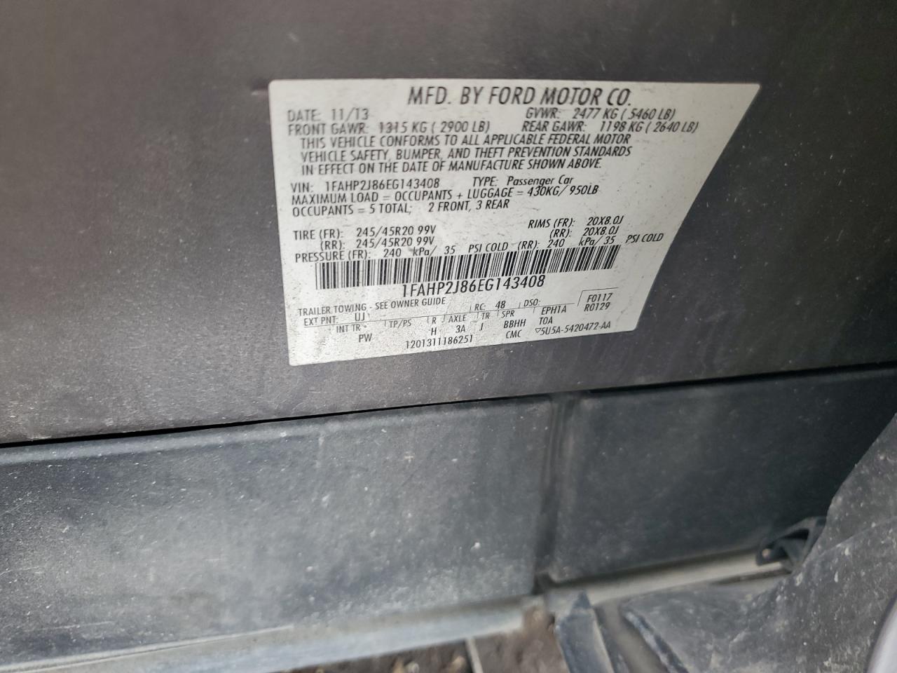 2014 Ford Taurus Limited VIN: 1FAHP2J86EG143408 Lot: 86876495