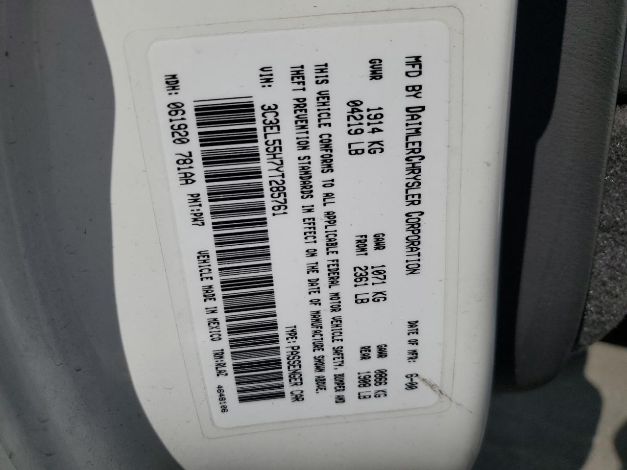 2000 Chrysler Sebring Jxi VIN: 3C3EL55H7YT285761 Lot: 82366745