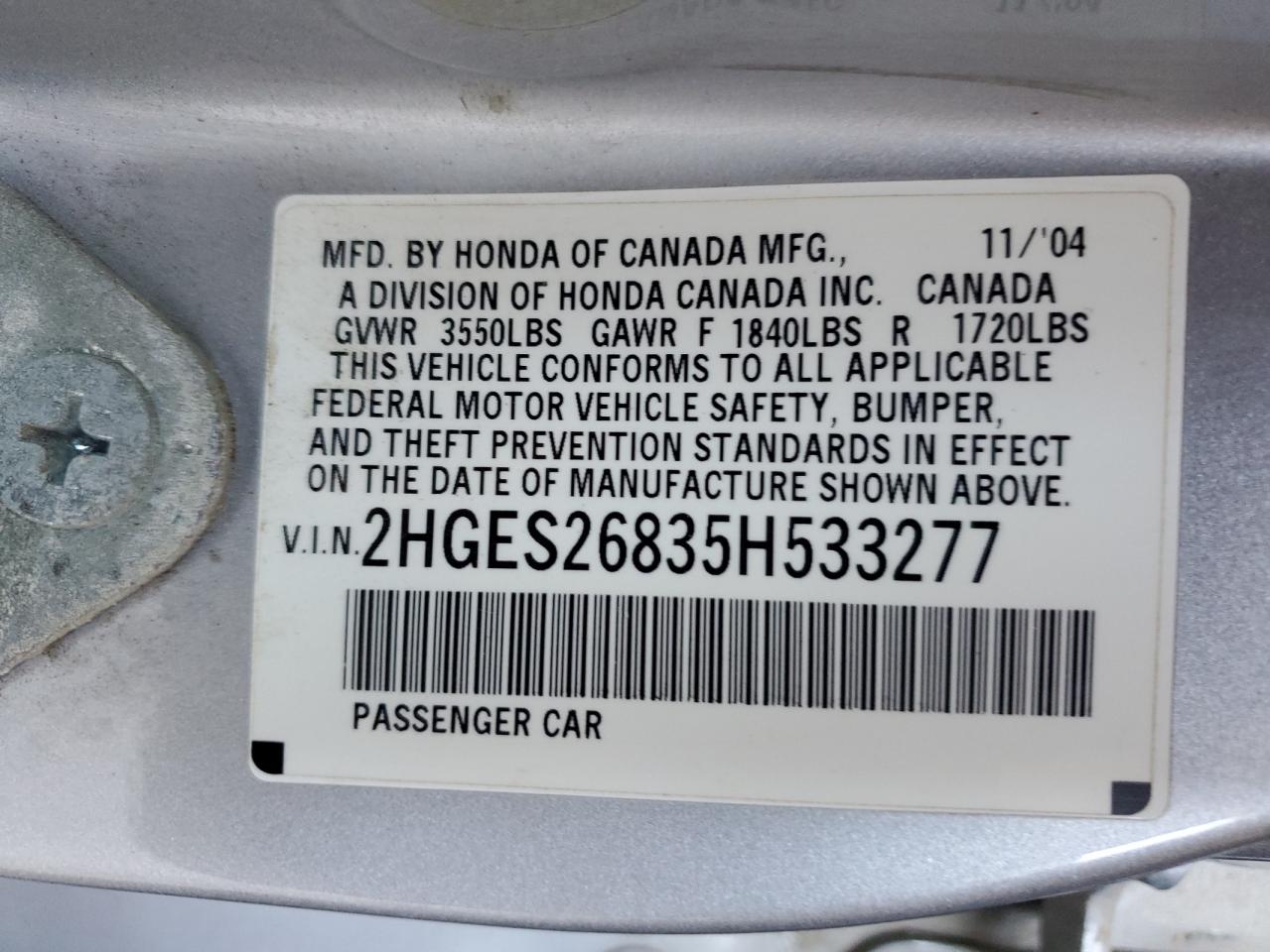 2005 Honda Civic Ex VIN: 2HGES26835H533277 Lot: 86625535