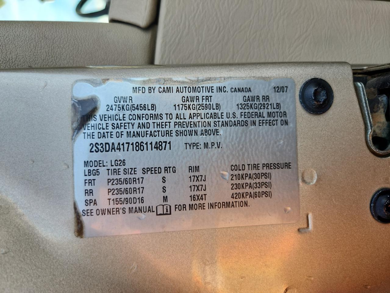 2008 Suzuki Xl7 Luxury VIN: 2S3DA417186114871 Lot: 89530985