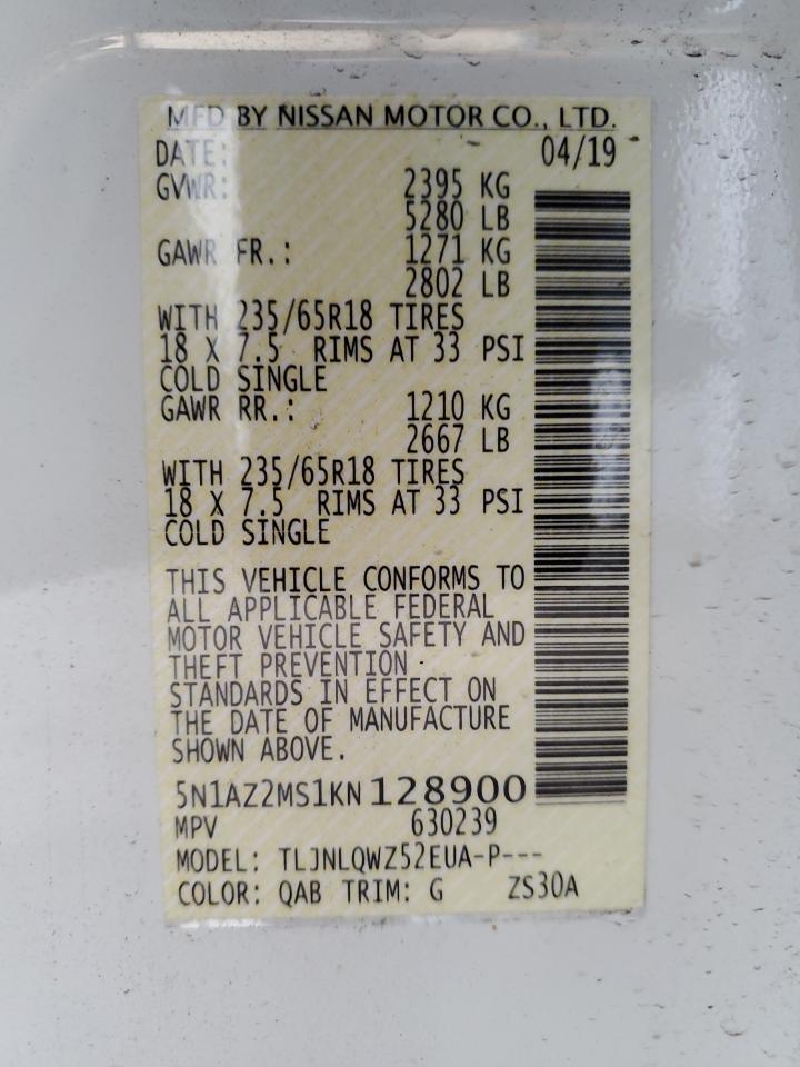 2019 Nissan Murano S VIN: 5N1AZ2MS1KN128900 Lot: 85165435