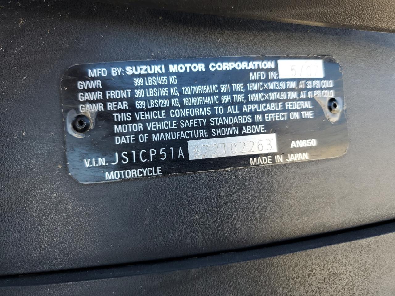 2007 Suzuki An650 VIN: JS1CP51A672102263 Lot: 85855675