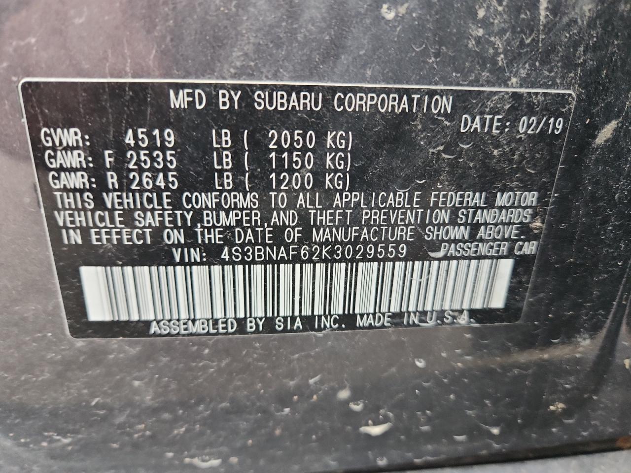 2019 Subaru Legacy 2.5I Premium VIN: 4S3BNAF62K3029559 Lot: 87240115