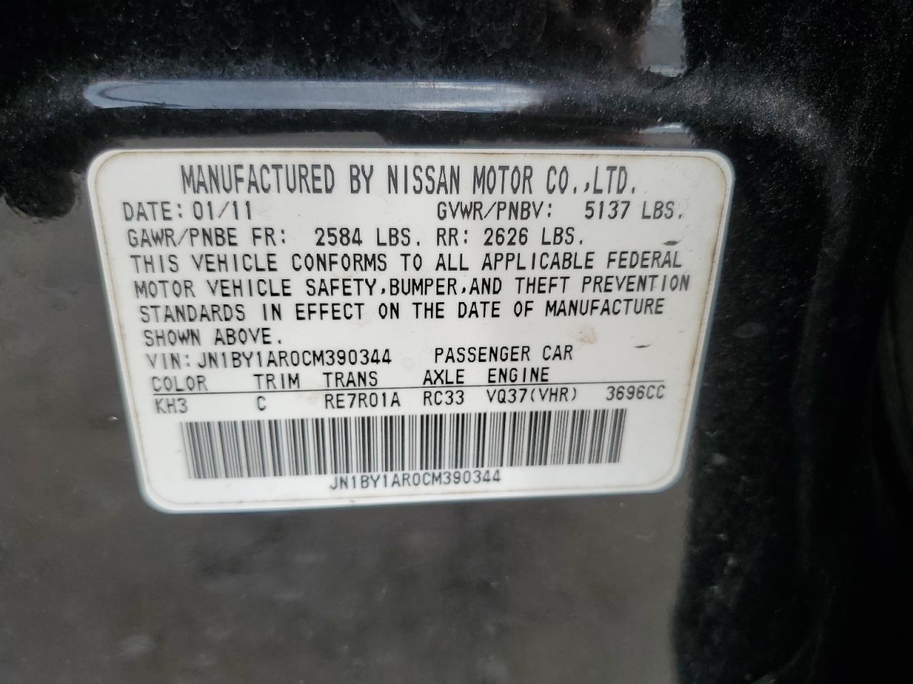 2012 Infiniti M37 X VIN: JN1BY1AR0CM390344 Lot: 90615675