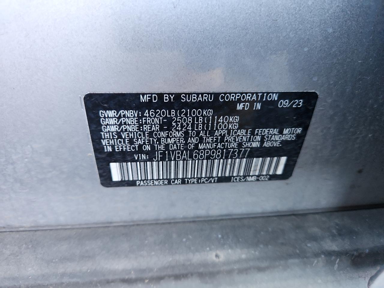 2023 Subaru Wrx Limited VIN: JF1VBAL68P9817377 Lot: 84985055