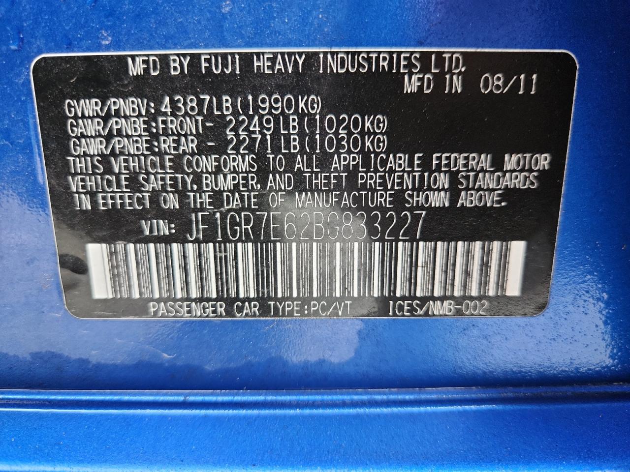 2011 Subaru Impreza Wrx VIN: JF1GR7E62BG833227 Lot: 86160275