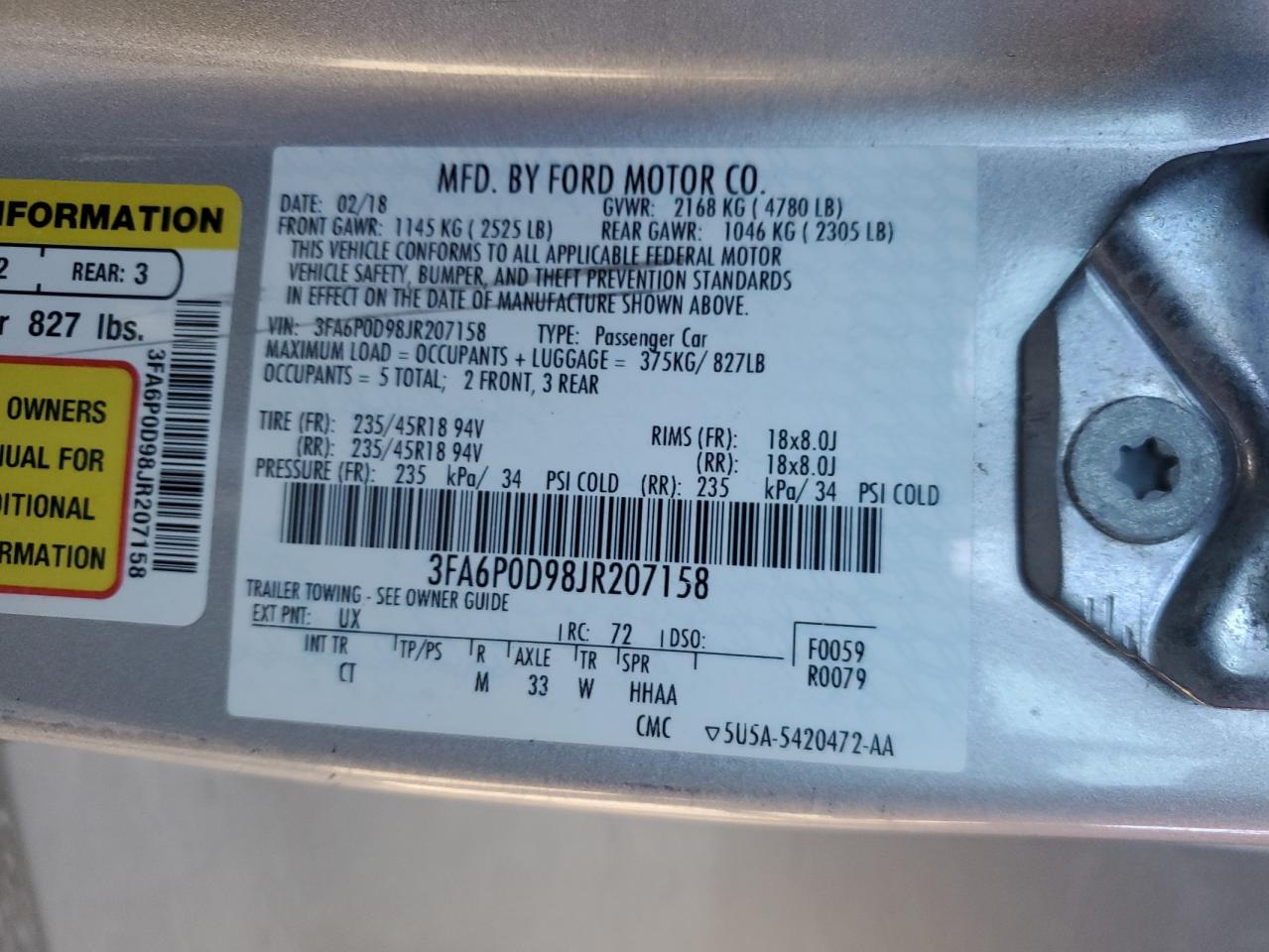 2018 Ford Fusion Titanium/Platinum VIN: 3FA6P0D98JR207158 Lot: 82714195