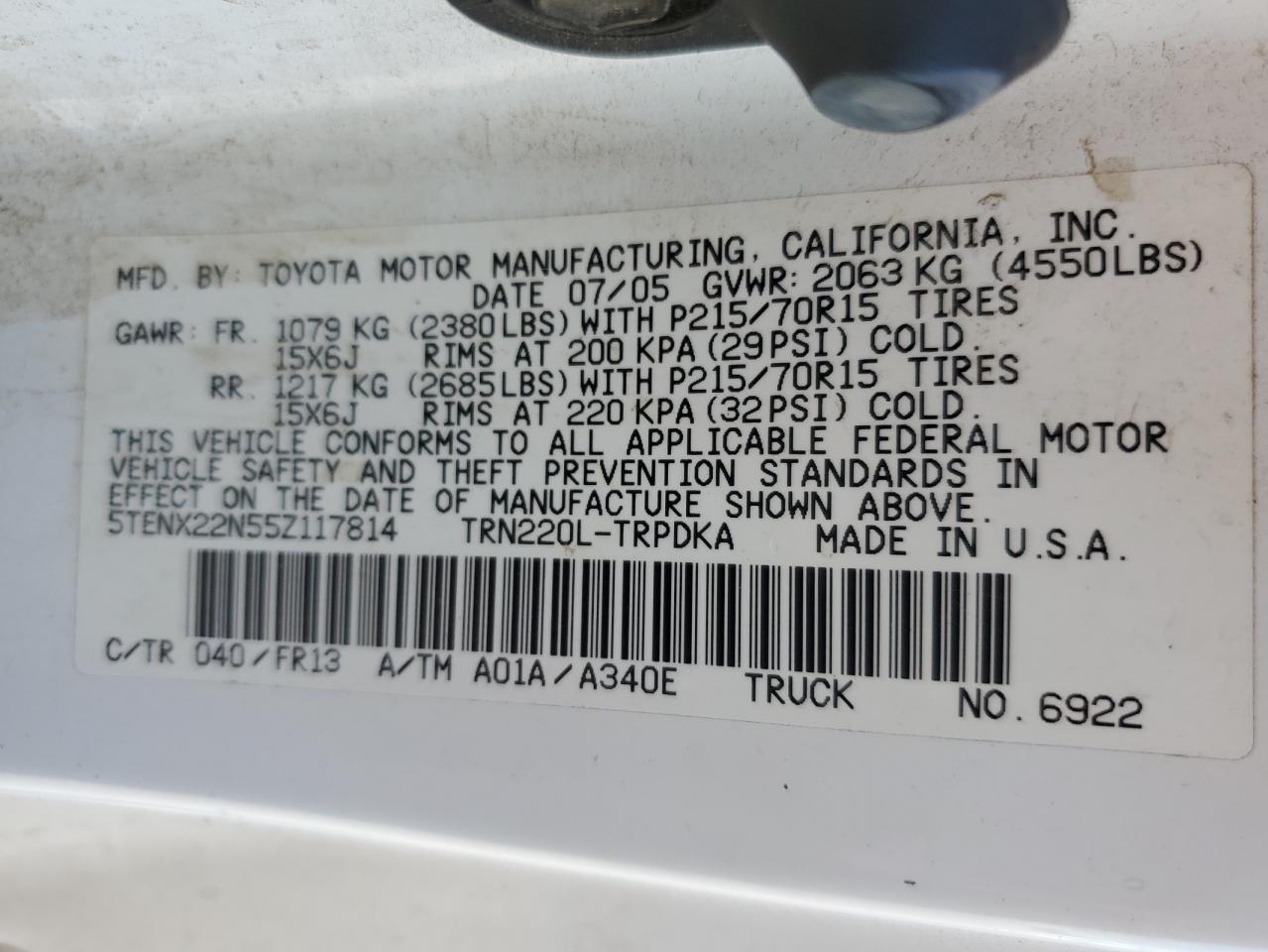 2005 Toyota Tacoma VIN: 5TENX22N55Z117814 Lot: 85108895