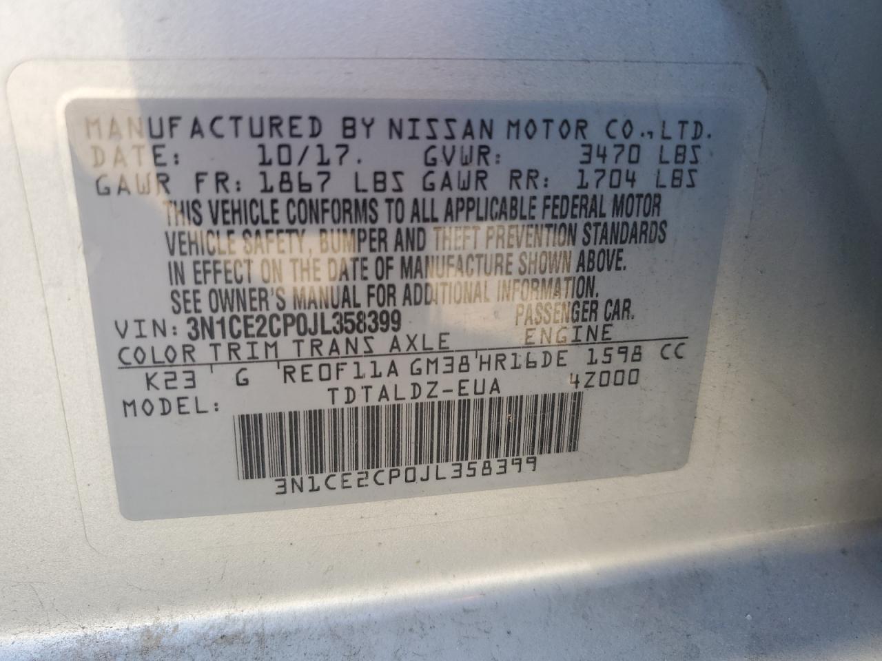 2018 Nissan Versa Note S VIN: 3N1CE2CP0JL358399 Lot: 81971985