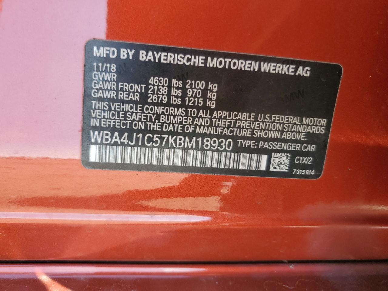 2019 BMW 430I Gran Coupe VIN: WBA4J1C57KBM18930 Lot: 89595245