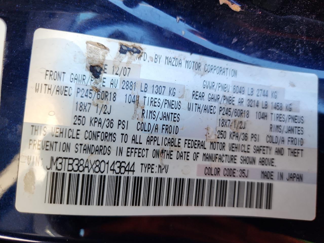 2008 Mazda Cx-9 VIN: JM3TB38AX80143644 Lot: 85517875