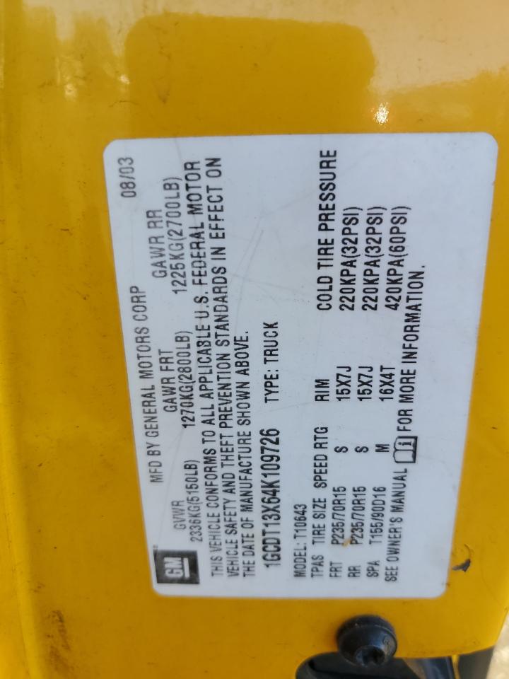 2004 Chevrolet S Truck S10 VIN: 1GCDT13X64K109726 Lot: 86514845