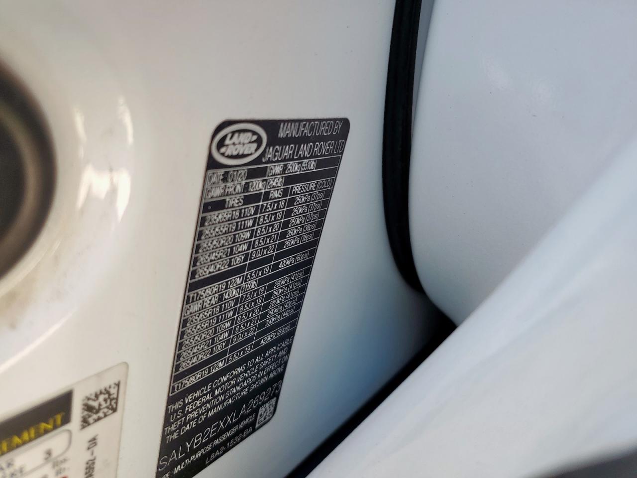 2020 Land Rover Range Rover Velar S VIN: SALYB2EXXLA269273 Lot: 85735845