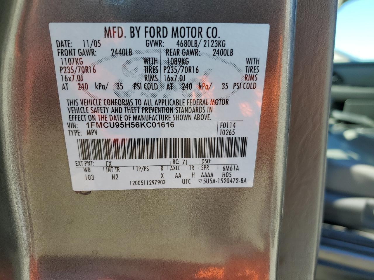 2006 Ford Escape Hev VIN: 1FMCU95H56KC01616 Lot: 86164105